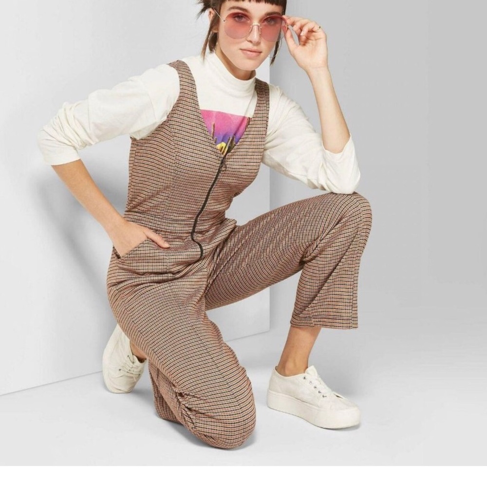 NWT Wild Fable  Plaid Jumpsuit Women's Size XS Small Brown Black Sleeveless Crop